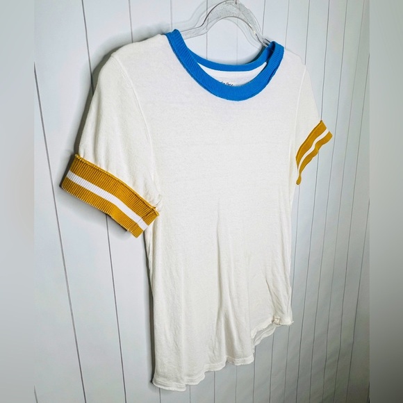 We the Free Lets Do This Ringer Tee Sporty Blue Yellow Crew Short Sleeve Retro S - Picture 6 of 11